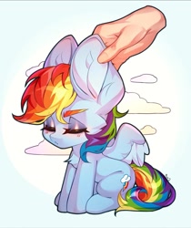 Size: 1595x1899 | Tagged: safe, artist:cypmr, artist:minekoo2, imported from derpibooru, rainbow dash, human, pegasus, pony, big ears, blushing, chibi, cloud, eyes closed, hand, impossibly large ears, multicolored hair, rainbow hair, sitting, spread wings, wings