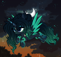 Size: 3832x3576 | Tagged: safe, artist:justsadluna, imported from derpibooru, oc, oc only, alicorn, pony, alicorn oc, colored wings, crescent moon, eyelashes, female, flying, horn, mare, moon, outdoors, solo, two toned wings, wings