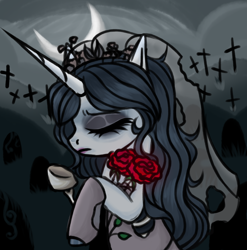 Size: 1674x1695 | Tagged: safe, artist:justsadluna, imported from derpibooru, pony, unicorn, bust, corpse bride, crescent moon, eyelashes, eyes closed, female, flower, makeup, mare, moon, ponified, rose, solo, wedding veil