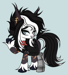 Size: 3688x4072 | Tagged: safe, artist:justsadluna, imported from derpibooru, oc, oc only, earth pony, pony, amputee, clothes, collar, ear fluff, ear piercing, earth pony oc, eyelashes, female, grin, mare, piercing, prosthetic leg, prosthetic limb, prosthetics, raised hoof, simple background, smiling, solo, unshorn fetlocks