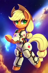 Size: 2048x3072 | Tagged: safe, editor:xyd0, imported from derpibooru, applejack, earth pony, pony, ai content, ai generated, astronaut, butt, clothes, cute, generator:stable diffusion, jackabetes, space, spacesuit, zero gravity