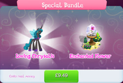 Size: 1272x860 | Tagged: safe, imported from derpibooru, queen chrysalis, changeling, changeling queen, bundle, bush, costs real money, crown, english, female, flower, gameloft, glasses, horn, jewelry, mirror universe, mobile game, my little pony: magic princess, numbers, official, regalia, reversalis, sale, solo, spread wings, text, wings