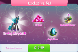 Size: 1270x852 | Tagged: safe, imported from derpibooru, queen chrysalis, changeling, changeling queen, bundle, bush, costs real money, crown, english, female, flower, gameloft, gem, glasses, horn, jewelry, mirror universe, mobile game, my little pony: magic princess, numbers, official, regalia, reversalis, sale, solo, spread wings, text, wings