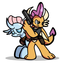 Size: 1191x1217 | Tagged: safe, artist:derp pone, imported from derpibooru, ocellus, smolder, changedling, changeling, dragon, dragoness, duo, duo female, female, gun, resident evil, resident evil 4, simple background, video game, weapon, white background