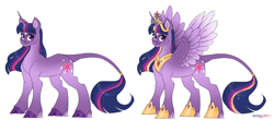 Size: 3649x1600 | Tagged: safe, artist:dozyarts, imported from derpibooru, twilight sparkle, alicorn, pony, unicorn, alternate design, big crown thingy, cloven hooves, element of magic, jewelry, quadrupedal, regalia, simple background, twilight sparkle (alicorn), white background