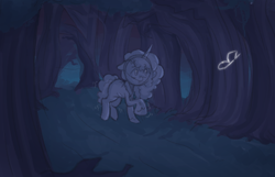 Size: 1120x722 | Tagged: safe, anonymous artist, imported from derpibooru, butterfly, pony, unicorn, series:misty pov, cornrows, dark, ears back, female, following, forest, g5, jewelry, limited palette, mare, misty brightdawn, necklace, shaking, solo, unshorn fetlocks