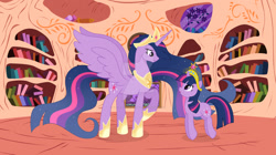 Size: 1024x573 | Tagged: safe, artist:velveagicsentryyt, imported from derpibooru, twilight sparkle, alicorn, pony, unicorn, the last problem, base used, big crown thingy, crown, deviantart watermark, element of magic, golden oaks library, hoof shoes, jewelry, obtrusive watermark, older, older twilight, peytral, princess twilight 2.0, regalia, self paradox, self ponidox, size difference, twilight sparkle (alicorn), unicorn twilight, watermark