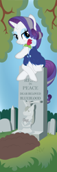 Size: 1500x4500 | Tagged: safe, artist:prixy05, imported from derpibooru, prince blueblood, rarity, pony, unicorn, axe, bust, disneyland, flower, grave, gravestone, implied murder, older, older rarity, rose, solo, stretching portrait, the haunted mansion, weapon