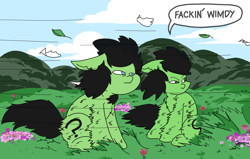 Size: 3508x2225 | Tagged: safe, artist:ponny, imported from derpibooru, oc, oc:filly anon, earth pony, cloud, colored, duo, duo female, female, filly, flower, foal, grass, grass field, hill, speech bubble, text, wimdy meme