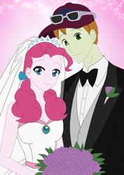 Size: 640x904 | Tagged: safe, artist:nathaniel718, imported from derpibooru, coach rommel, pinkie pie, human, equestria girls, anime style, cap, clothes, couple, female, hat, male, marriage, rommelpie, shipping, tuxedo, wedding