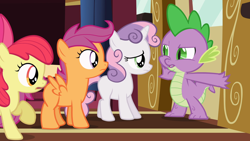 Size: 1920x1080 | Tagged: safe, imported from derpibooru, screencap, apple bloom, scootaloo, spike, sweetie belle, dragon, earth pony, pegasus, pony, unicorn, just for sidekicks, apple bloom's bow, blank flank, bow, cutie mark crusaders, female, filly, foal, hair bow, raised hoof