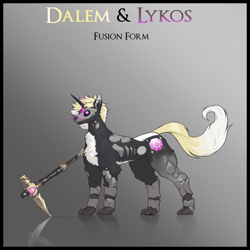 Size: 3000x3000 | Tagged: safe, artist:nsilverdraws, imported from derpibooru, oc, oc only, oc:dalem sundown, oc:lykos, dog, horse, pony, unicorn, chest fluff, crystal, fusion, gradient background, magic, male, pickaxe, piercing, reflection, solo, sundown clan, weapon