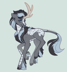 Size: 1873x1991 | Tagged: safe, artist:enderbee, imported from derpibooru, oc, oc only, oc:charcoal, kirin, chest fluff, cloven hooves, colored, flat colors, full body, hooves, horn, kirin oc, request, simple background, sketch, smiling, solo, tail