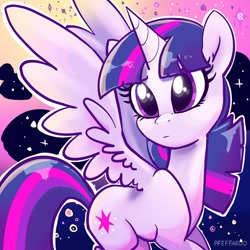 Size: 2048x2048 | Tagged: safe, artist:pfeffaroo, imported from derpibooru, twilight sparkle, alicorn, pony, abstract background, female, frown, mare, solo, sparkles, spread wings, twilight sparkle (alicorn), wings