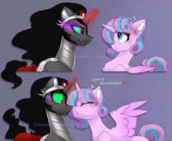 Size: 1831x1500 | Tagged: safe, artist:taiweiart, imported from derpibooru, king sombra, princess flurry heart, alicorn, pony, unicorn, 2 panel comic, blushing, boop, comic, cute, duo, duo male and female, female, flurrybetes, glowing, glowing horn, horn, i can't believe it's not magnaluna, male, mare, noseboop, nuzzling, older, older flurry heart, snuggling, stallion, uncle sombra