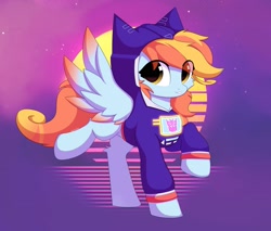 Size: 2541x2160 | Tagged: safe, artist:verlista, imported from derpibooru, oc, oc only, pegasus, clothes, female, hoodie, looking at you, mare, oc name needed, retrowave, solo, soundwave, spread wings, transformers, wings, yellow eyes