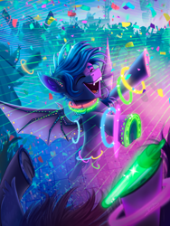 Size: 3256x4341 | Tagged: safe, artist:helmie-art, imported from derpibooru, oc, oc only, oc:guttatus, bat pony, pony, bat pony oc, bat wings, eyebrows, eyes closed, glow rings, glowstick, high res, male, neon, open mouth, open smile, rave, smiling, solo focus, spread wings, stallion, wings