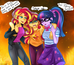 Size: 2100x1856 | Tagged: safe, artist:yuris, imported from derpibooru, sci-twi, sunset shimmer, twilight sparkle, human, equestria girls, equestria girls series, breasts, busty sci-twi, busty sunset shimmer, clone, dialogue, female, human sunset, implied lesbian, implied scitwishimmer, implied selfcest, implied shipping, implied sunsetsparkle, open mouth, paradox, self paradox, signature, simple background, smiling, trio
