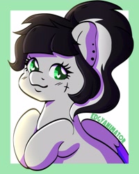 Size: 2000x2500 | Tagged: safe, artist:edgyanimator, imported from derpibooru, oc, oc only, oc:lunar dash, pegasus, pony, bangs, black and white hair, black and white mane, black hair, black mane, bust, cel shading, colored wings, cross, cute smile, digital art, ear piercing, eyelashes, female, firealpaca, fluffy hair, folded wings, gray coat, green eyes, hooves together, light, looking at you, mare, multicolored wings, pegasus oc, piercing, ponytail, portrait, shading, signature, simple, simple background, simple shading, smiling, solo, tattoo, white background, wingding eyes, wings