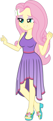 Size: 4131x9362 | Tagged: safe, artist:emeraldblast63, imported from derpibooru, fluttershy, human, equestria girls, breasts, clothes, dress, eyeshadow, feet, female, makeup, purple dress, sandals, simple background, sleeveless, solo, toes, transparent background
