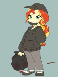 Size: 1536x2048 | Tagged: safe, artist:cheesesauce_45, imported from derpibooru, sunset shimmer, human, equestria girls, blood, cap, clothes, hat, hoodie, mask, solo