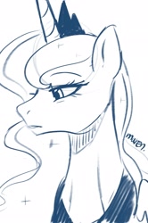 Size: 1362x2048 | Tagged: safe, artist:maren, imported from derpibooru, princess luna, alicorn, pony, bust, doodle, frown, monochrome, signature, simple background, sketch, solo, sternocleidomastoid, white background