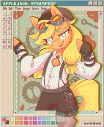 Size: 1589x1944 | Tagged: safe, artist:wavecipher, imported from derpibooru, applejack, earth pony, pony, aesthetics, clothes, goggles, looking at you, ms paint, smiling, smirk, solo, standing on two hooves, steampunk, suspenders, webcore