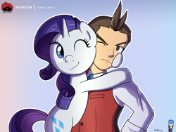 Size: 1000x750 | Tagged: safe, artist:thealjavis, imported from derpibooru, rarity, human, pony, unicorn, ace attorney, apollo justice, commissioner:imperfectxiii, crossover, crossover shipping, elements of justice, hug, one eye closed, shipping, signature, simple background, trio, trucy wright, varying degrees of want, wink