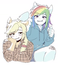 Size: 1246x1402 | Tagged: safe, artist:723, imported from derpibooru, applejack, rainbow dash, anthro, earth pony, pegasus, appledash, clothes, female, hoodie, human facial structure, lesbian, lip bite, one ear down, shipping, simple background, smiling, white background