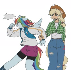 Size: 1625x1600 | Tagged: safe, artist:723, imported from derpibooru, applejack, rainbow dash, earth pony, human, pegasus, equestria girls, angry, appledash, clothes, denim, female, hat, jacket, jeans, lesbian, masculine, pants, shipping, simple background, white background