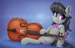 Size: 2185x1401 | Tagged: safe, artist:zeepheru_pone, imported from derpibooru, octavia melody, earth pony, pony, bow (instrument), bowtie, cello, chest fluff, cute, ear fluff, female, looking at you, mare, musical instrument, sitting, smiling, solo, tavibetes