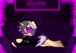 Size: 1143x800 | Tagged: safe, artist:xxv4mp_g4z3rxx, imported from derpibooru, oc, oc only, pony, unicorn, brick wall, clothes, couch, eyeshadow, hat, horn, hypno eyes, makeup, signature, solo, tail, turtleneck, two toned mane, two toned tail, unicorn oc, witch hat