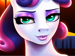 Size: 2999x2260 | Tagged: safe, imported from derpibooru, sweetie belle, ai content, ai generated, bedroom eyes, bust, date, eyeshadow, face, female, flirting, generator:purplesmart.ai, generator:stable diffusion, imminent kissing, interior, lidded eyes, lipstick, looking at you, makeup, older, older sweetie belle, prompter:yourclopaccount2, restaurant, seductive look, smiling, solo