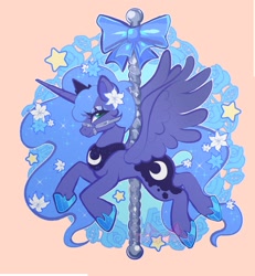 Size: 1353x1466 | Tagged: safe, artist:necromeowncer, imported from derpibooru, princess luna, alicorn, pony, bow, bridle, carousel, female, flower, looking at you, simple background, solo, spread wings, stars, tack, wings