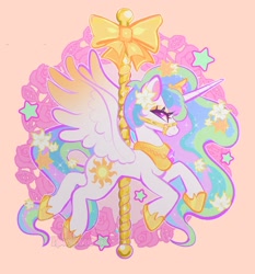 Size: 1356x1458 | Tagged: safe, artist:necromeowncer, imported from derpibooru, princess celestia, alicorn, bow, bridle, carousel, female, flower, looking at you, pole, solo, spread wings, wings