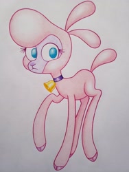 Size: 3024x4032 | Tagged: safe, artist:ivanstrelnikov_, imported from derpibooru, lamb, sheep, them's fightin' herds, bell, bell collar, cloven hooves, collar, colored pencil drawing, community related, frown, full body, looking at you, no pupils, pom (tfh), raised hoof, simple background, traditional art, white background