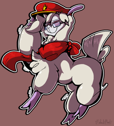 Size: 986x1079 | Tagged: safe, artist:malachimoet, imported from derpibooru, oc, oc only, oc:nonameorous, alpaca, them's fightin' herds, brown background, cap, clothes, cloven hooves, community related, glasses, hat, looking at you, raised hoof, scarf, simple background, smiling, solo, tfh oc