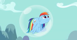 Size: 1103x580 | Tagged: safe, artist:shiningblueshield, artist:tattooclown, edit, imported from derpibooru, rainbow dash, pegasus, pony, bubble, cloud, crying, cute, dashabetes, female, floppy ears, frown, in bubble, mare, rainbow dash is not amused, sad, sadorable, sky, solo, spread wings, unamused, wings