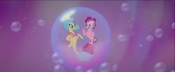 Size: 1600x668 | Tagged: safe, imported from derpibooru, screencap, pinkie pie, princess skystar, seapony (g4), my little pony: the movie, bubble, dancing, female, in bubble, one small thing, seaponified, seapony pinkie pie, species swap, underwater