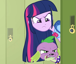 Size: 827x702 | Tagged: safe, composite screencap, edit, edited screencap, editor:incredibubbleirishguy, imported from derpibooru, screencap, spike, twilight sparkle, dog, human, equestria girls, equestria girls (movie), angry, equestria girls 10th anniversary, glare, growling, implied fluttershy, implied sunset shimmer, lockers, panorama, spike the dog