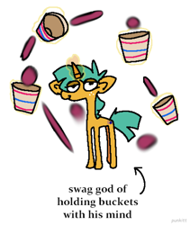 Size: 1720x2036 | Tagged: safe, artist:punkittdev, imported from derpibooru, snails, pony, unicorn, buckball, bucket, colt, foal, levitation, lidded eyes, looking at you, magic, male, simple background, solo, telekinesis, text, white background