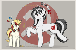 Size: 4500x3000 | Tagged: safe, artist:marusya, imported from derpibooru, oc, oc only, oc:schworz, oc:vega, pony, unicorn, chest fluff, communism, concave belly, hammer and sickle, height difference, horn, magic, measuring tape, raised hoof, raised leg, simple background, size difference, sternocleidomastoid, tall, telekinesis