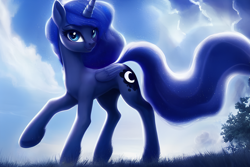 Size: 1920x1280 | Tagged: safe, derpibooru exclusive, editor:dovakkins, imported from derpibooru, princess luna, alicorn, pony, ai content, ai generated, blue sky, bush, cloud, concave belly, cute, ethereal mane, ethereal tail, female, folded wings, galaxy mane, generator:stable diffusion, grass, long tail, looking at you, missing accessory, raised hoof, slim, smiling, smiling at you, solo, tail, thin, wavy mane, wings