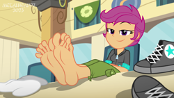 Size: 8000x4500 | Tagged: safe, artist:metalhead97, imported from derpibooru, scootaloo, human, equestria girls, barefoot, cafeteria, chair, clothes, commission, converse, cute, cutealoo, eyebrows, feet, feet on table, fetish, foot fetish, foot focus, lidded eyes, older, older scootaloo, presenting, raised eyebrow, reclining, shoes, show accurate, sitting, smiling, smirk, smug, socks, soles, solo, toes