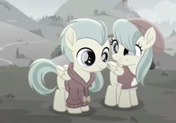 Size: 2160x1510 | Tagged: safe, imported from derpibooru, screencap, barley barrel, pickle barrel, pegasus, pony, rainbow roadtrip, barrel twins, brother and sister, clothes, colt, cute, excited, excitement, fangirl, female, filly, foal, grass, gray, grin, happy, hat, hill, hoodie, male, shirt, siblings, smiling, t-shirt, twins