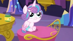 Size: 2160x1210 | Tagged: safe, imported from derpibooru, screencap, princess flurry heart, alicorn, pony, a flurry of emotions, baby, baby food, baby pony, chair, cute, female, happy, jar, mashed peas, sitting, smiling, solo, table, twilight's castle