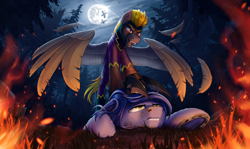 Size: 4782x2857 | Tagged: safe, artist:helmie-art, imported from derpibooru, oc, oc only, oc:blaze (shadowbolt), oc:lightning flare, pegasus, pony, clothes, costume, feather, female, fire, forest, male, mare, moon, night, shadowbolts costume, stallion