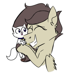 Size: 600x600 | Tagged: safe, artist:fuckomcfuck, imported from derpibooru, oc, oc:paper fashion, cat, pegasus, pony, bust, eyes closed, grin, hug, offspring, parent:oc:doodles, parent:rarity, parents:canon x oc, simple background, smiling, tongue out, transparent background