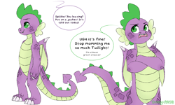 Size: 2000x1200 | Tagged: safe, artist:dozyarts, imported from derpibooru, spike, dragon, braces, crossed arms, dialogue, implied twilight sparkle, male, older, older spike, simple background, solo, speech bubble, white background, winged spike, wings