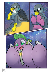 Size: 3080x4384 | Tagged: safe, artist:introvertedpooch, imported from derpibooru, gabby, spike, dragon, griffon, between toes, bigger than a planet, claws, comic, cute, earth, feet, female, fetish, foot fetish, foot focus, gabbybetes, gentle, gentle giant, giantess, giga, giga giant, high res, macro, macro/micro, mega, paw pads, paws, planet, size comparison, solar system, space, stars, story included, sun, tera, the cosmos, toe beans, toes, underpaw